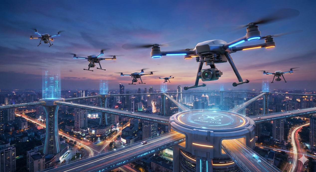 Futuristic Drone Swarm over City